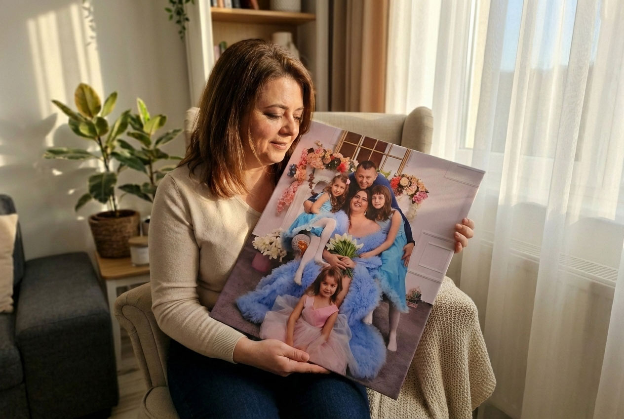 Persoană îmbrățișând un tablou canvas personalizat