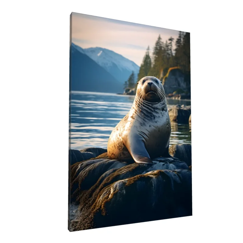 Tablou canvas: Focă pe Stânci la Apus în Peisaj Montan - Image 1