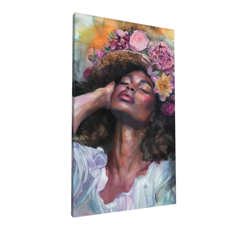 Tablou canvas: Portret African cu Flori și Culori Vibrante - Image 1