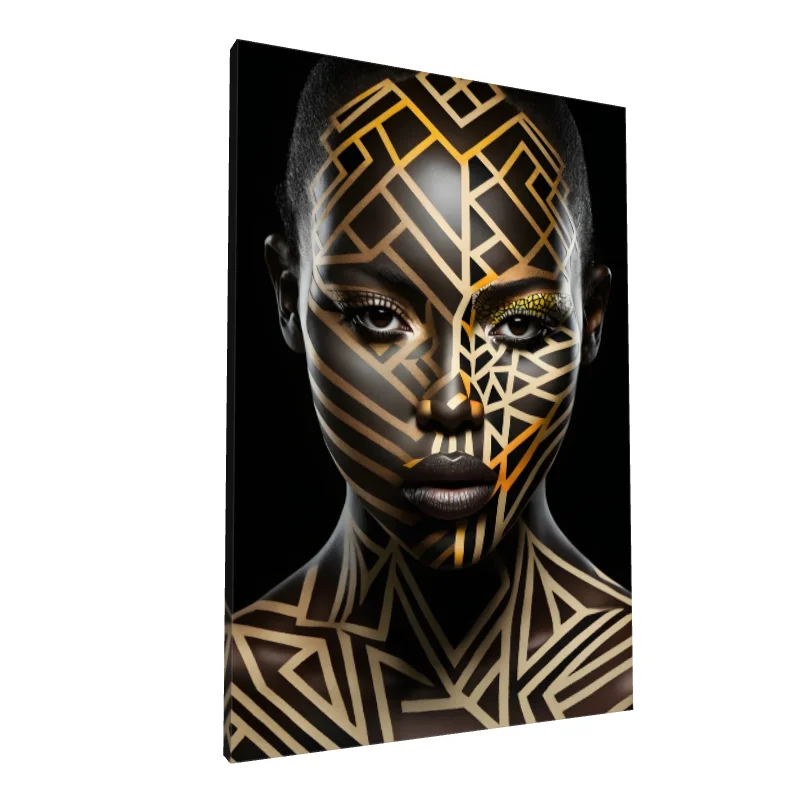Tablou canvas: Portret Geometric African în Negru și Auriu