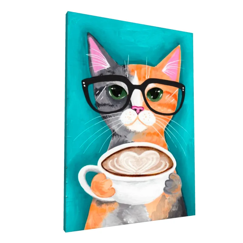 Tablou canvas: Pisică cu Ochelari și Cafea