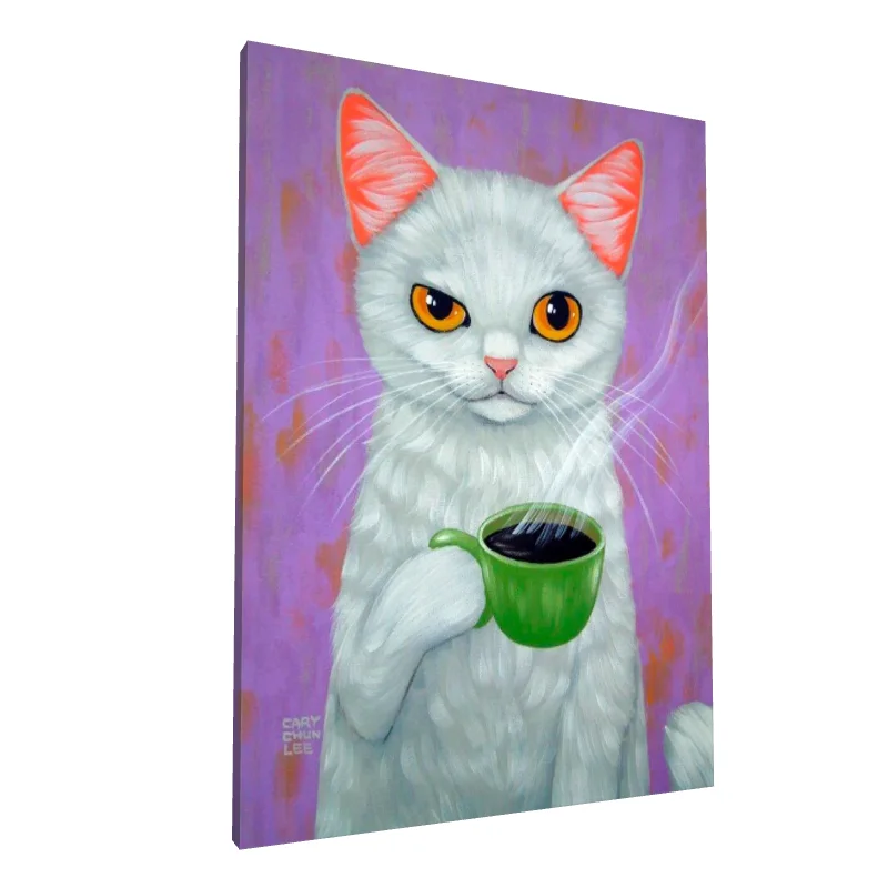 Tablou canvas: Pisică Albă cu Cană de Cafea Pe Fundal Mov