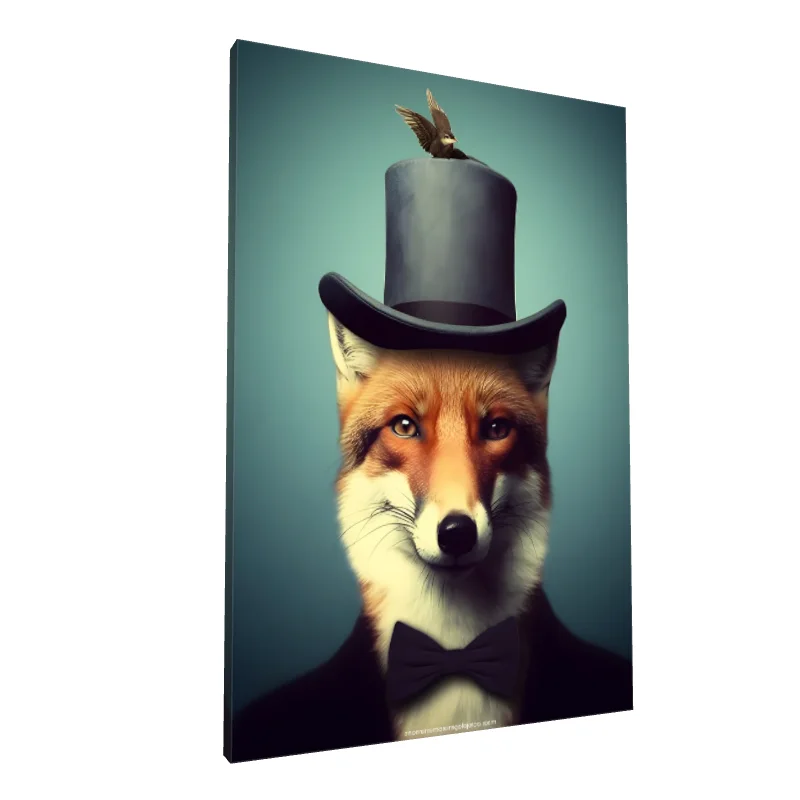 Tablou canvas: Vulpe Elegantă cu Joben și Pasăre - Image 1