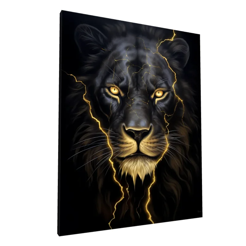 Tablou canvas: Portret de Leu Negru cu Fulger Aurit - Image 1