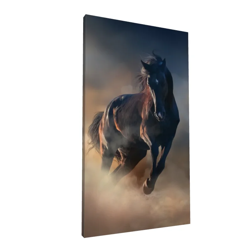 Tablou canvas: Cal Negru în Galop Printre Nori de Praf