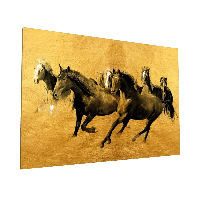 Tablou canvas: Cai Galopând pe Fundal Auriu - Image 1