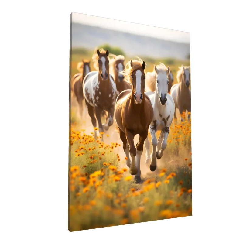 Tablou canvas: Cai Galopând Printre Flori Galbene - Image 1