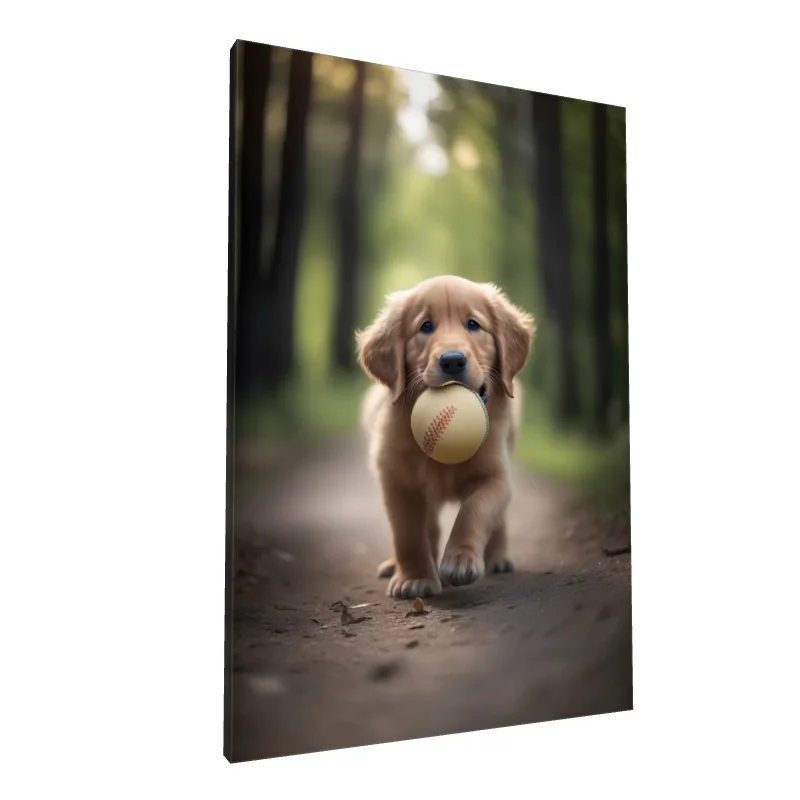 Tablou canvas: Cățeluș cu Minge pe Alee de Pădure - Image 1
