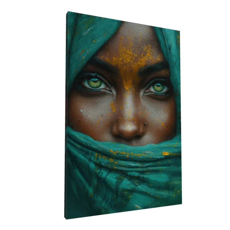 Tablou canvas: Portret cu Foulard Turcoaz și Detalii Aurii - Image 1