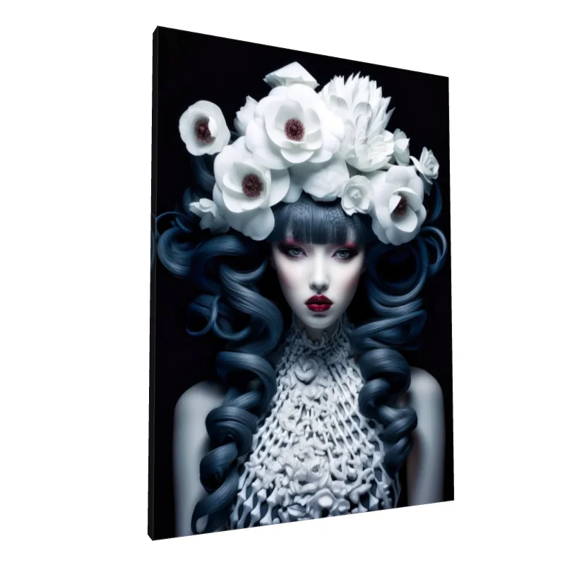 Tablou canvas: Portret Artistic cu Flori Albe și Păr Albastru