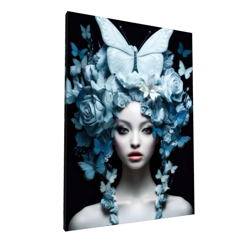Tablou canvas: Portret cu Fluturi Alb-Albaștri