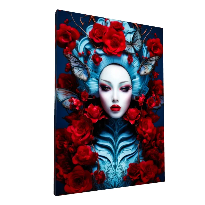 Tablou canvas: Portret Artistic cu Flori și Fluturi