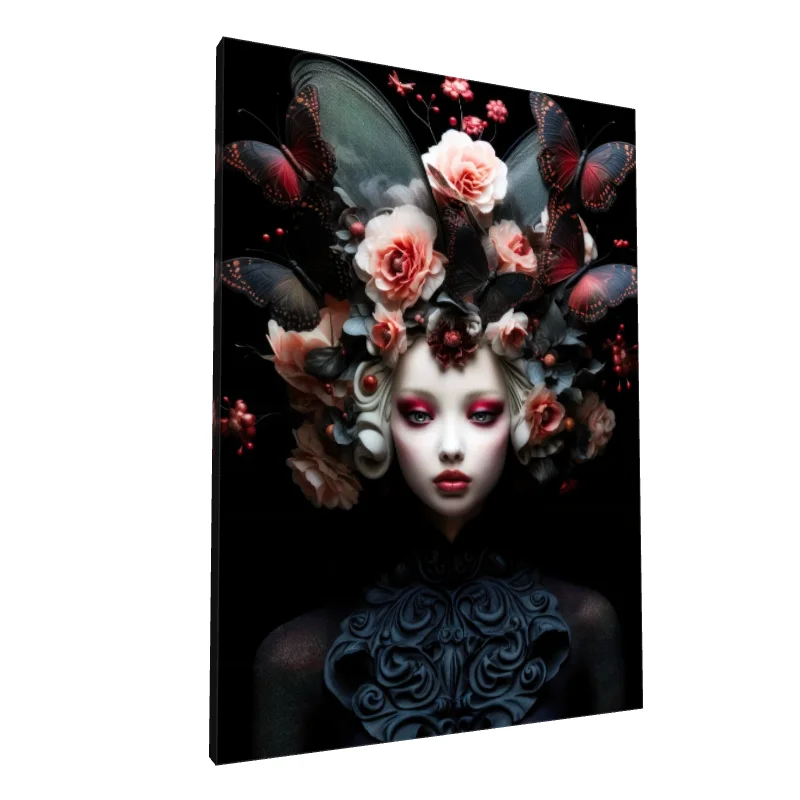 Tablou canvas: Portret Artistic cu Fluturi și Flori Roz - Image 1