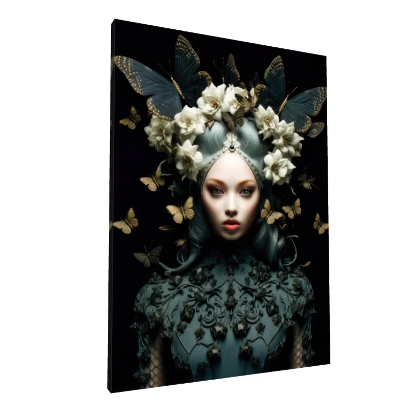 Tablou canvas: Portret Artistic cu Fluturi și Flori Albe