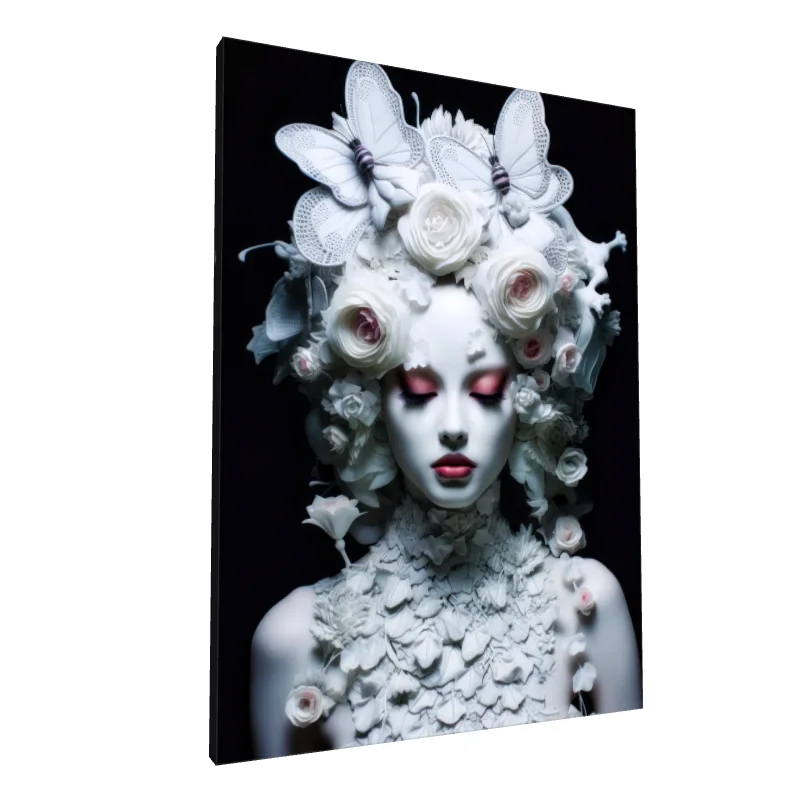Tablou canvas: Portret cu Fluturi și Trandafiri Alb - Image 1
