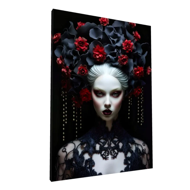 Tablou canvas: Portret Dramatic cu Flori și Perle