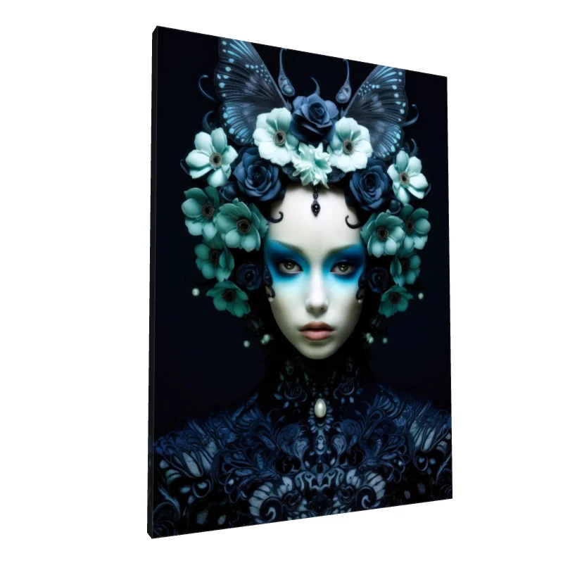 Tablou canvas: Portret Artistic cu Fluturi și Flori Albastre - Image 1