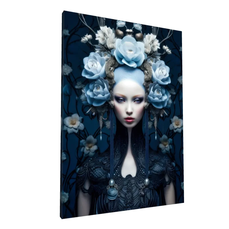 Tablou canvas: Portret Feminin cu Flori Albastre