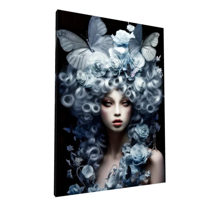 Tablou canvas: Portret Feminin cu Fluturi și Trandafiri Albaștri - Image 1