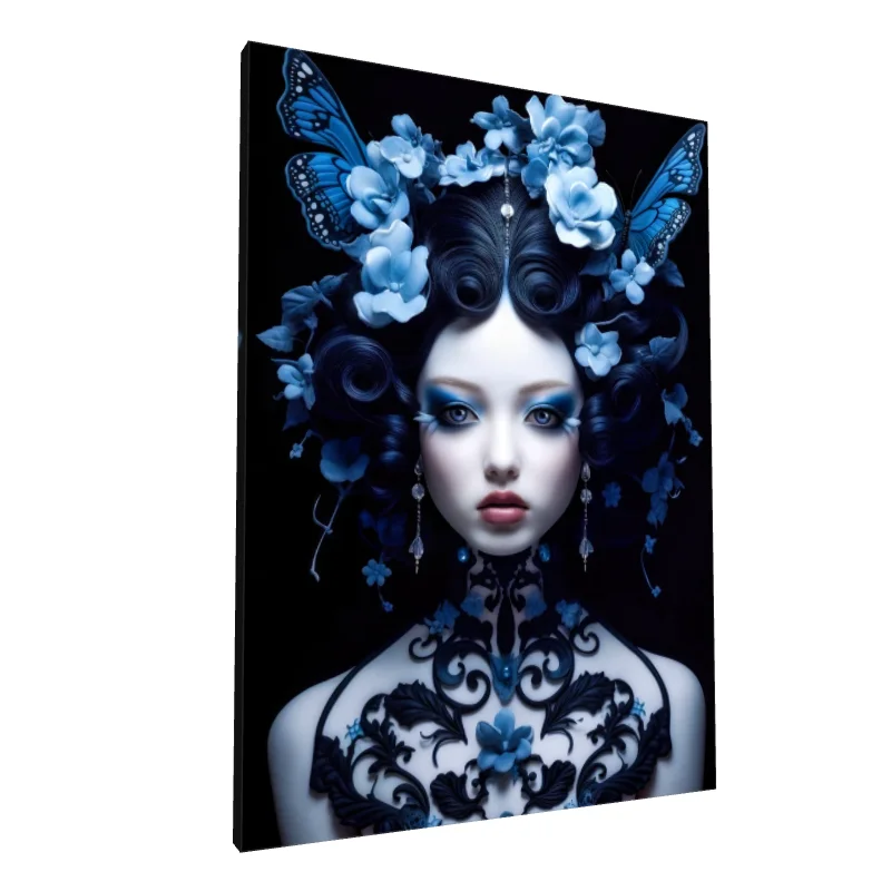 Tablou canvas: Portret Baroc cu Fluturi și Flori Albastre - Image 1