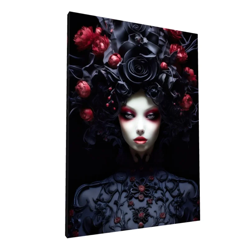 Tablou canvas: Portret Artistic cu Flori Negre și Roșii - Image 1