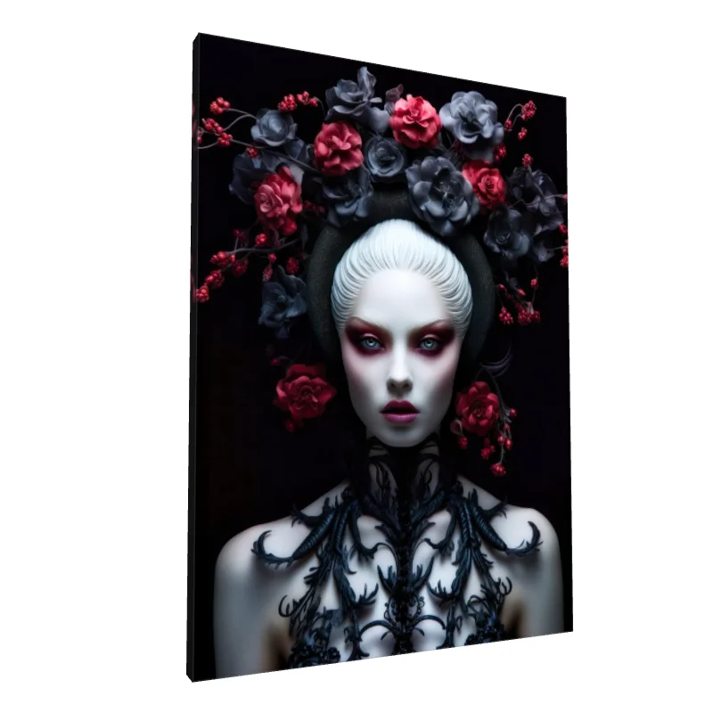 Tablou canvas: Portret Artistic cu Flori Roșu și Gri