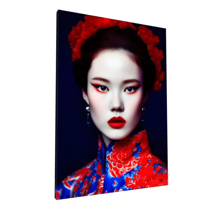 Tablou canvas: Portret Asiatic cu Accente Roșii Intense
