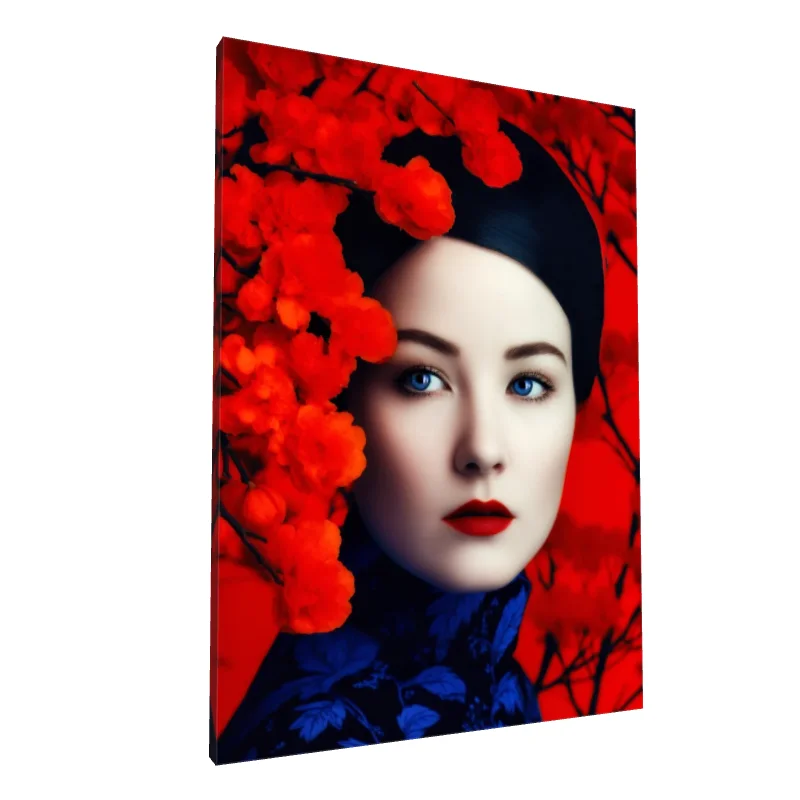 Tablou canvas: Portret Asiatic cu Flori Roșii