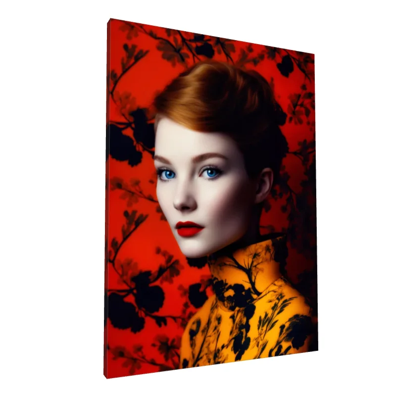 Tablou canvas: Portret Asiatic cu Fundal Floral Roșu