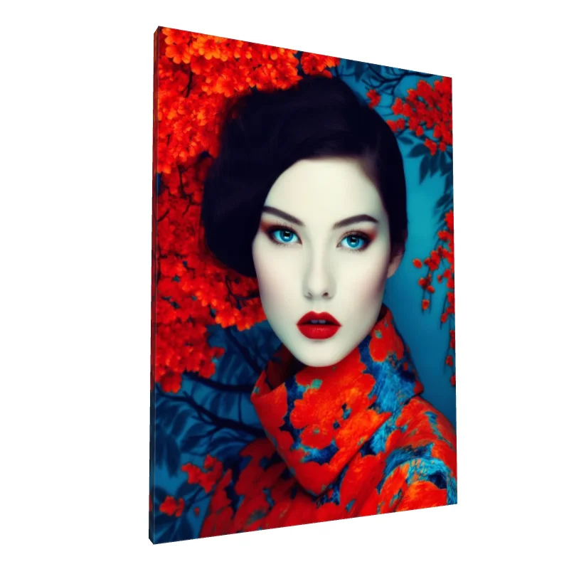 Tablou canvas: Portret Asiatic cu Flori Roșii (2)