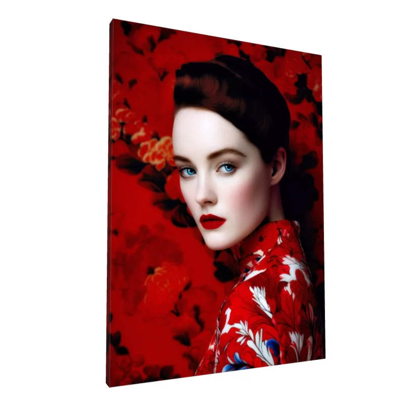 Tablou canvas: Portret Asian în Fundal Floral Roșu