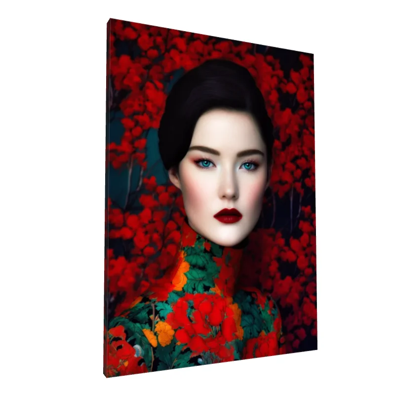 Tablou canvas: Portret Asiatic în Fundal de Flori Roșii