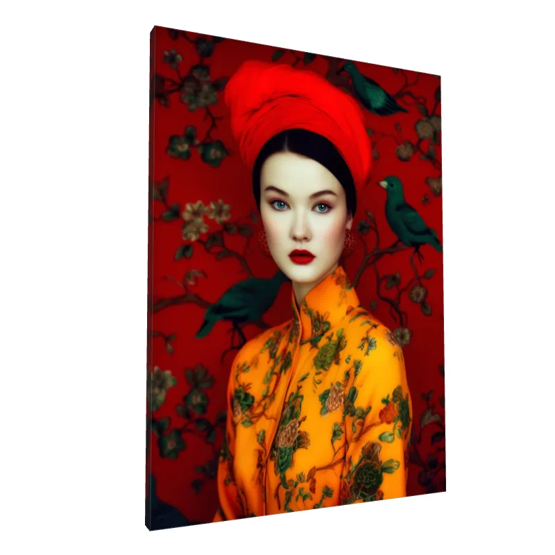 Tablou canvas: Portret Asiatic cu Fundal Roșu și Păsări