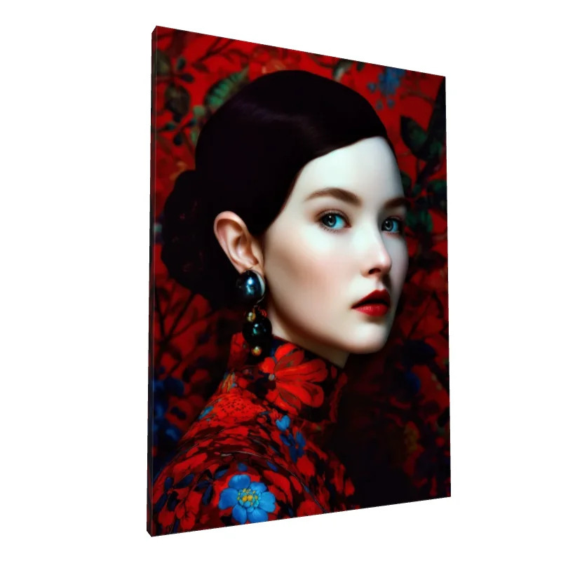 Tablou canvas: Portret Asiatic cu Fundal Floral Roșu (2)