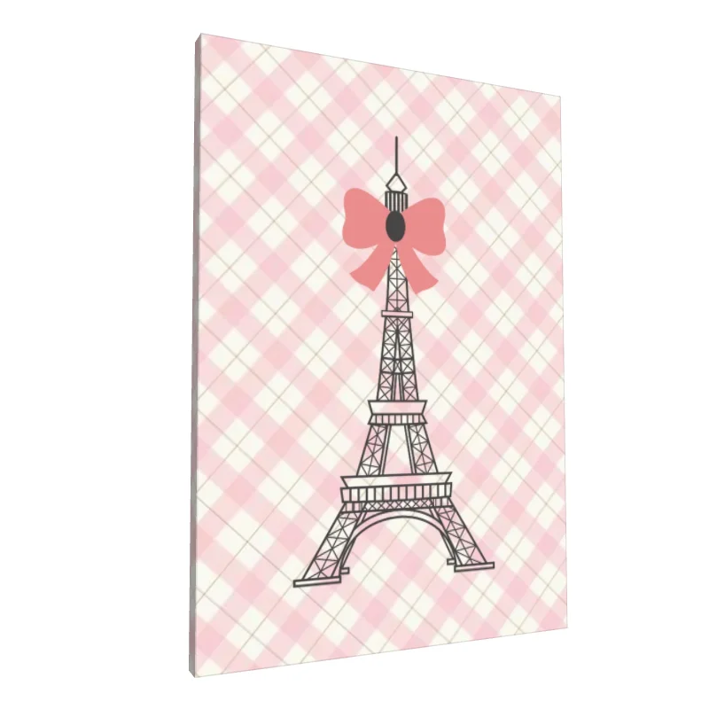 Tablou canvas: Turnul Eiffel cu Fundiță Roz pe Fundal Carouri