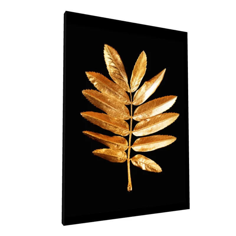 Tablou canvas: Frunză Aurie pe Fundal Negru Elegant - Image 1