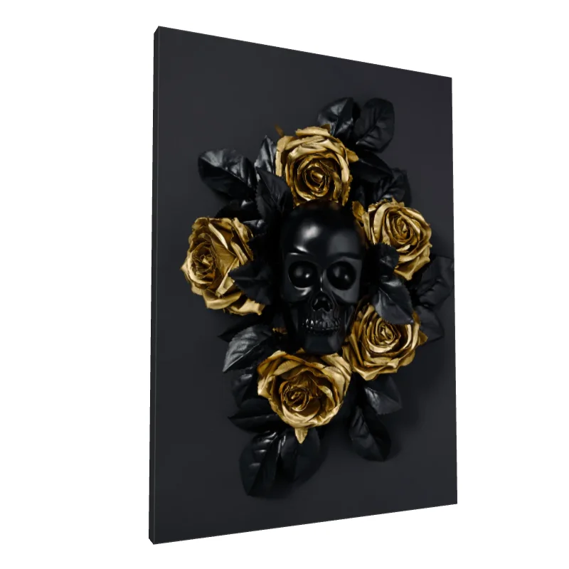 Tablou canvas: Craniu Negru cu Trandafiri Aurii