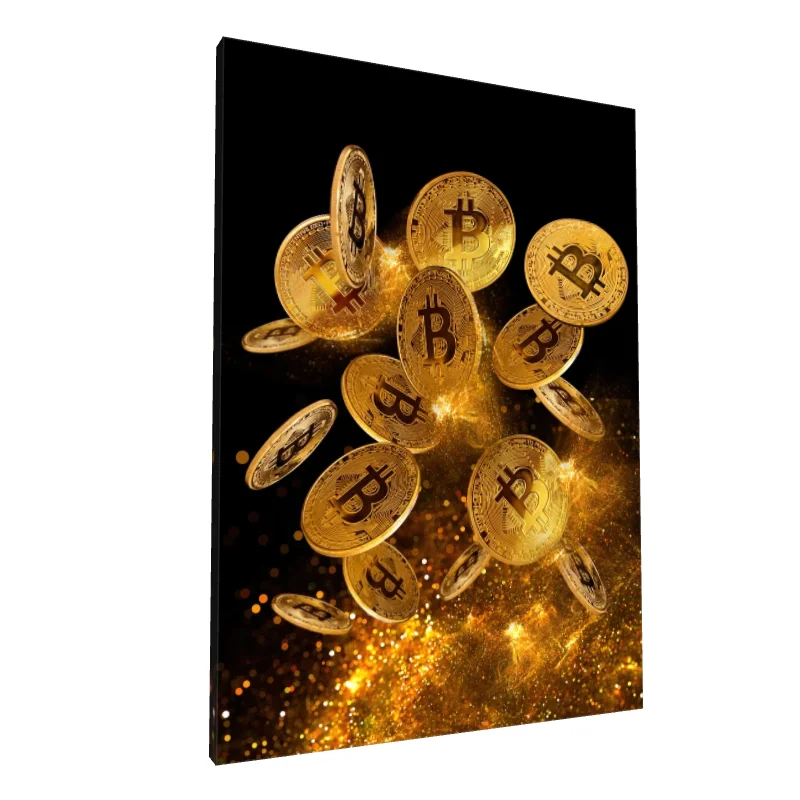 Tablou canvas: Monede Bitcoin în Suspensie Aurie