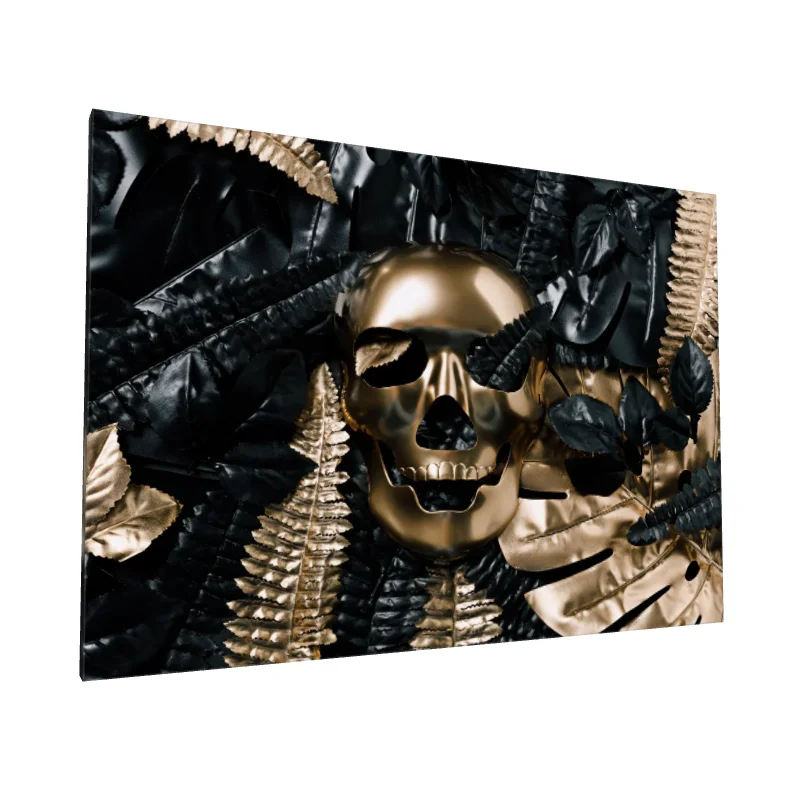 Tablou canvas: Craniu Aurit Printre Frunze Negre - Image 1