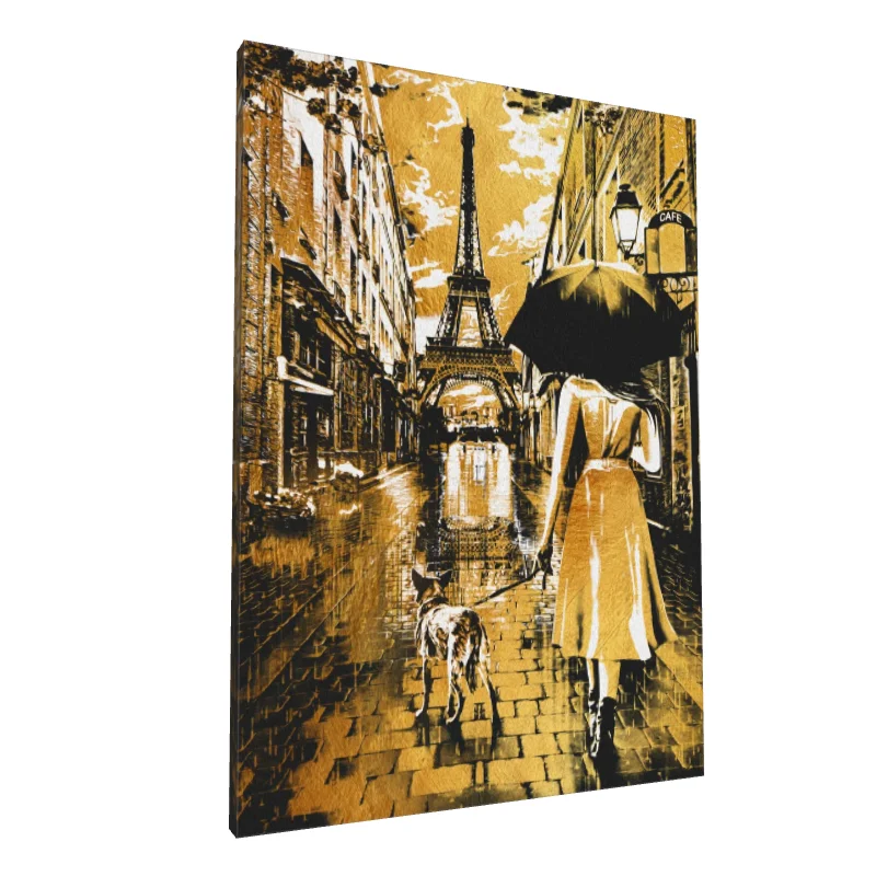 Tablou canvas: Paris Pluvial cu Umbrelă și Câine