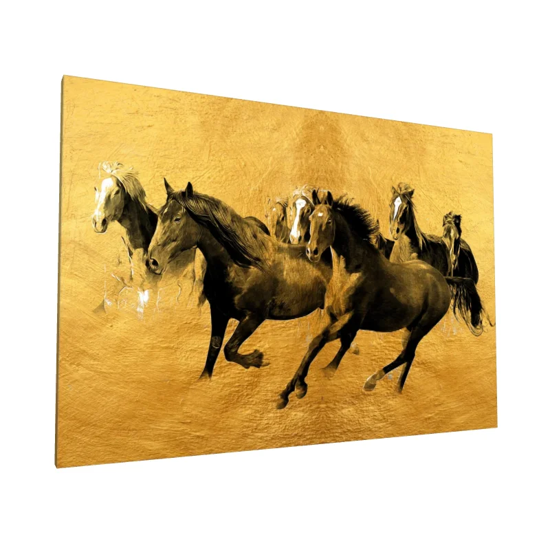 Tablou canvas: Cai Galopanți pe Fundal Auriu