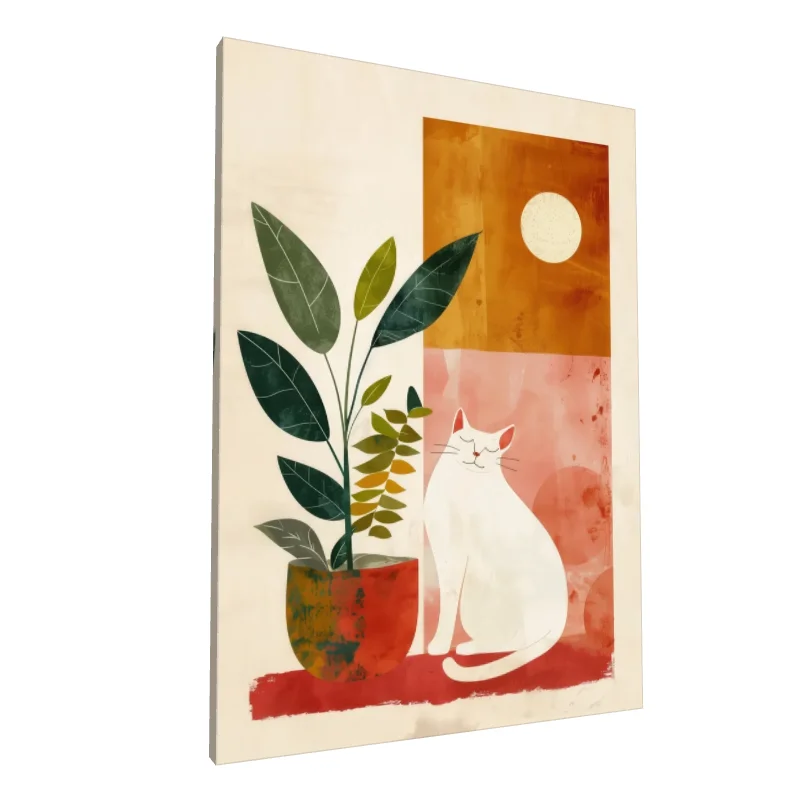 Tablou canvas: Pisică Albă și Plante Verzi Abstracte