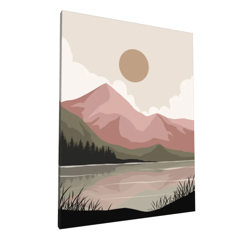 Tablou canvas: Peisaj Abstract cu Munte Roz și Lac