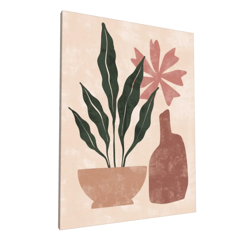 Tablou canvas: Plante Abstracte cu Vază și Floare Roșie