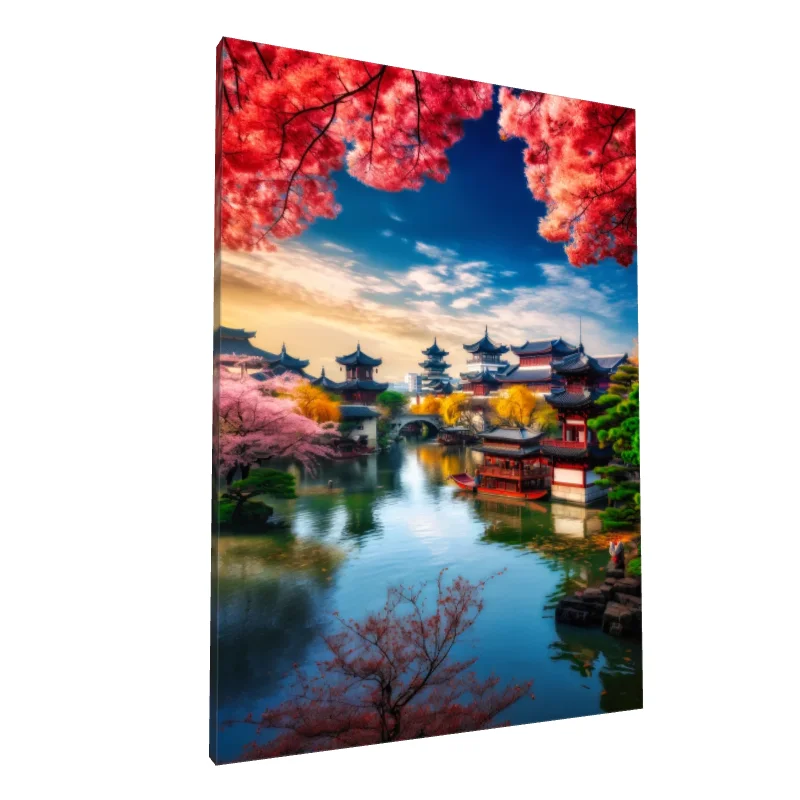 Tablou canvas: Peisaj Oriental cu Templu și Cireși - Image 1