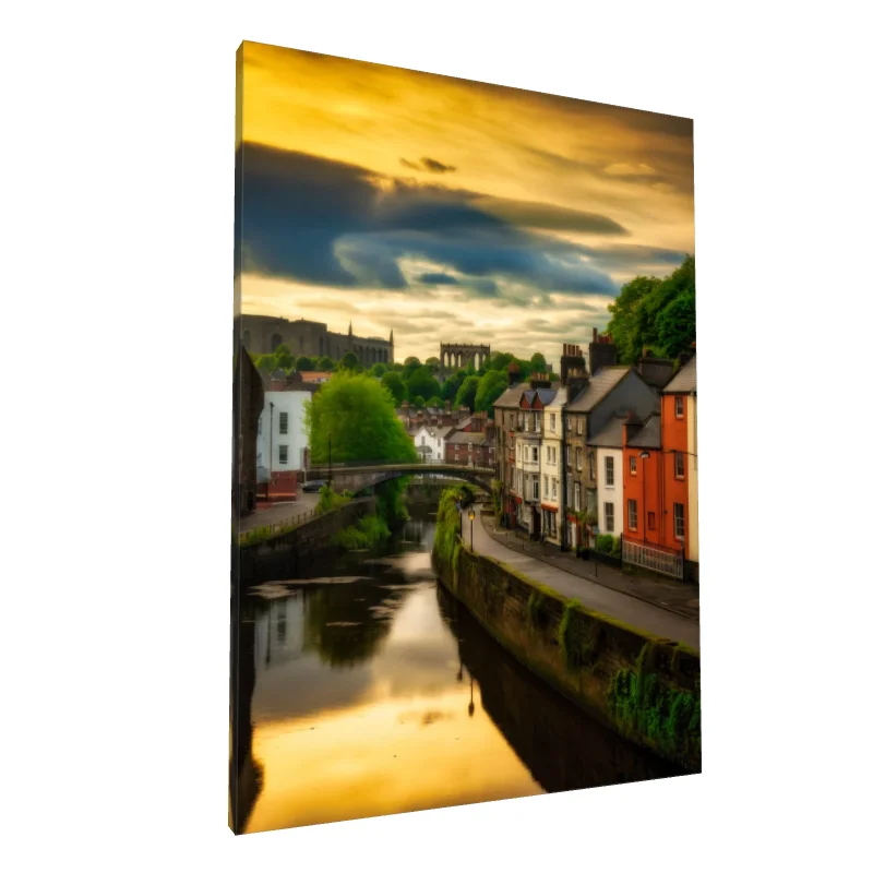 Tablou canvas: Peisaj Urban la Apus cu Râu și Clădiri - Image 1