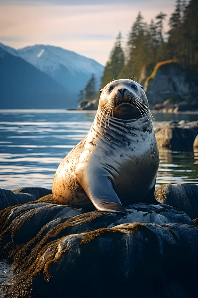 Tablou canvas: Focă pe Stânci la Apus în Peisaj Montan - Thumbnail 2