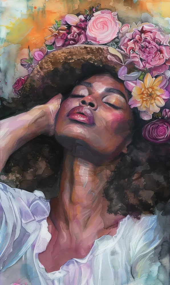 Tablou canvas: Portret African cu Flori și Culori Vibrante - Thumbnail 2