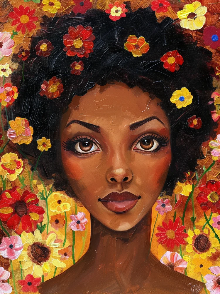 Tablou canvas: Portret de Femeie cu Flori Colorate - Thumbnail 2