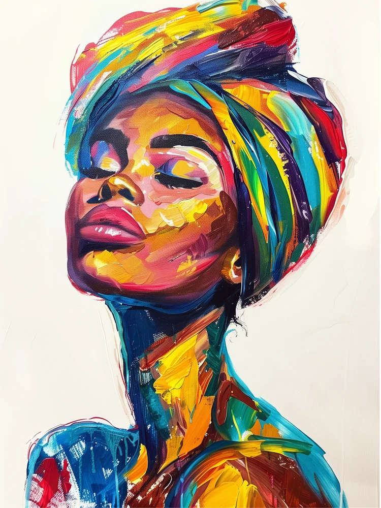 Tablou canvas: Portret Vibrant cu Turban Multicolor - Thumbnail 2